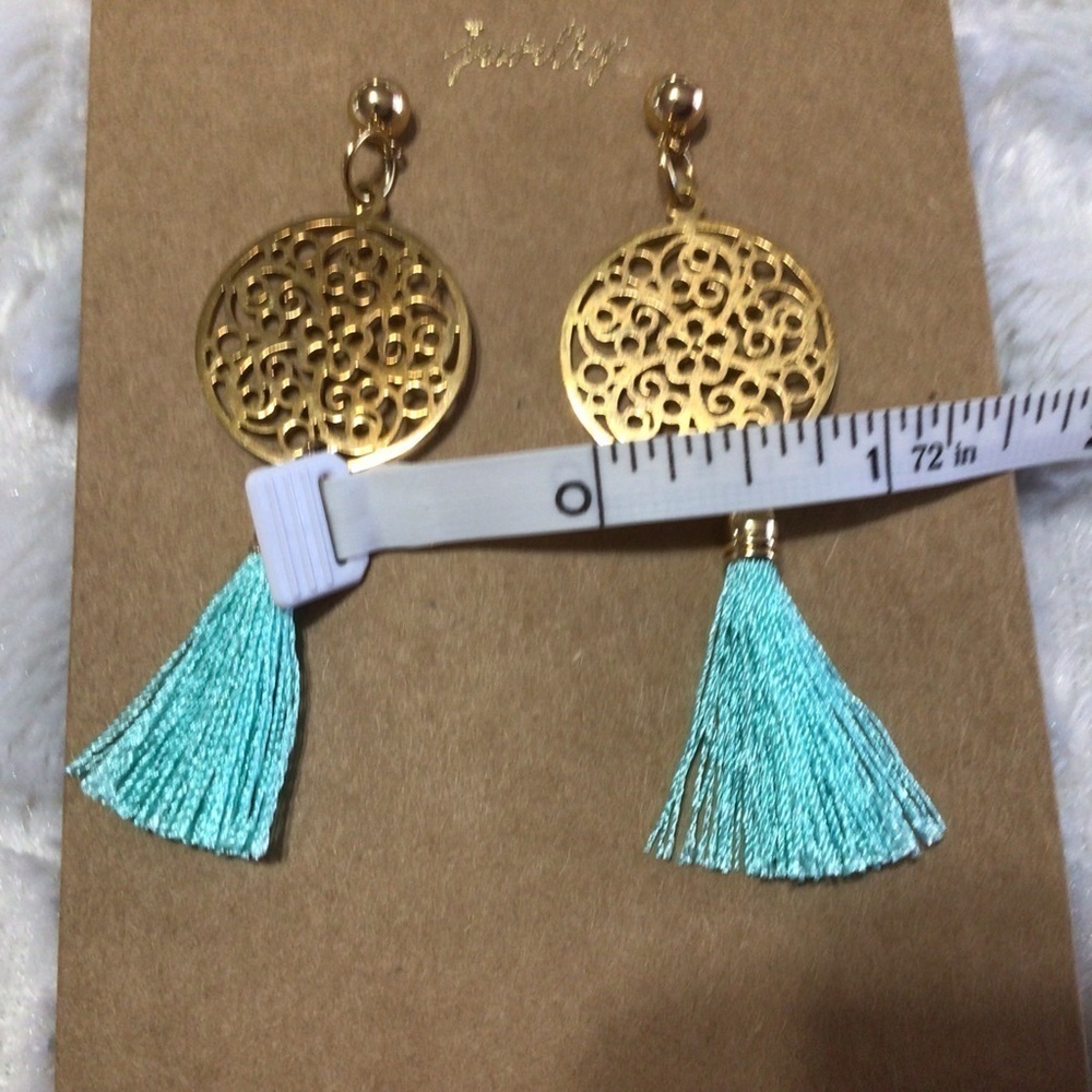 NEW Shiraleah Bali Turquoise Gold/Turquoise Tassel Earrings - Picture 3 of 5